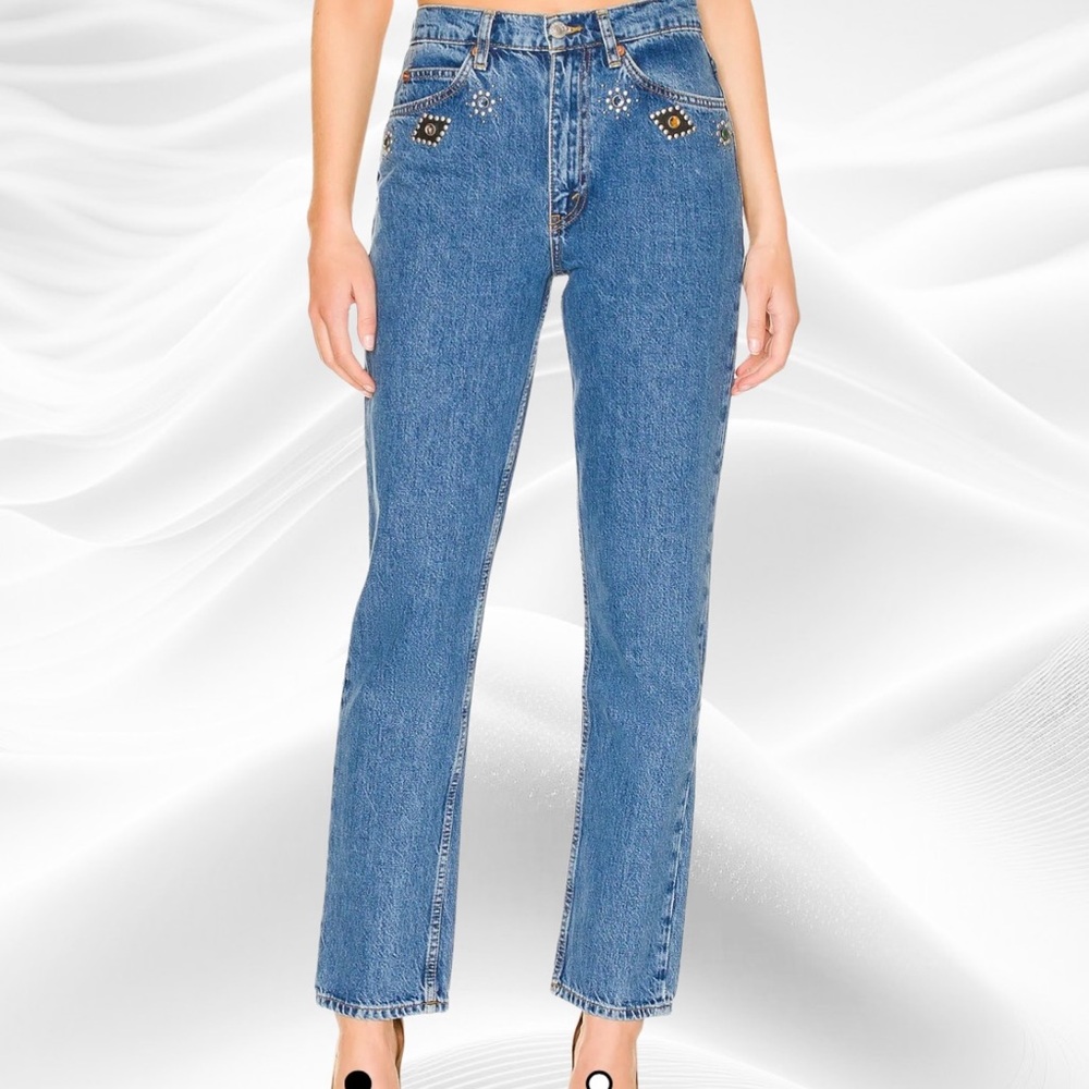 NWT RE/DONE Jeweled Stoned Indigo Jeans 70’s straight‎ 28X30 Revolve $615